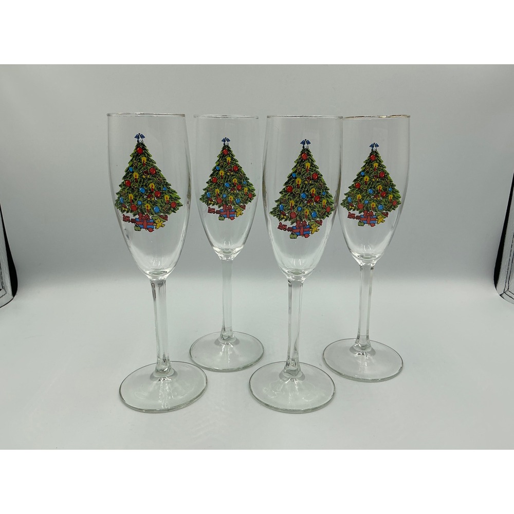 Christmas Treasure Fluted Champagne Glasses Gold Trim Set of 4 Decorated Tree